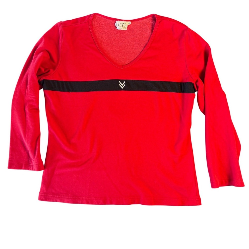 Vintage Lily's Beverly Hills Top Medium Red Black Stripe Chevron 90s V-Neck